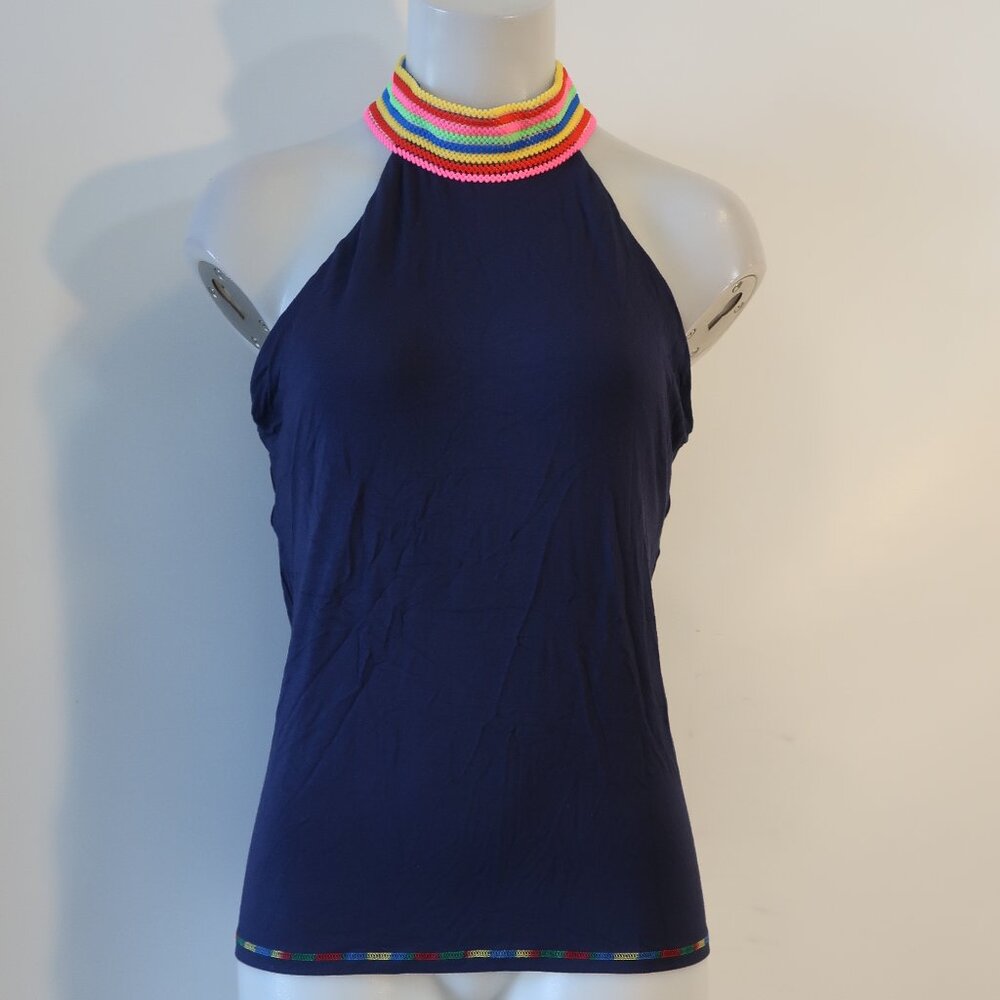 NWT Womens Meet Me In Miami Navy Blue, Multi Embroidered Halter Top L *